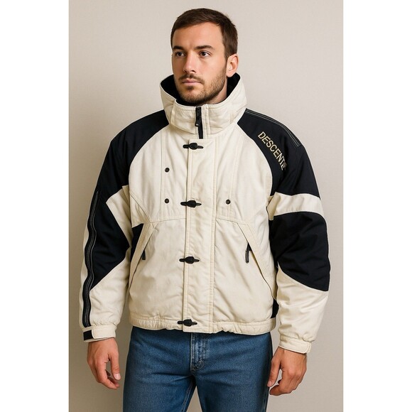 Descente Men’s Ski Jacket Size L White Black Vintage 90s Insulated Snow Coat - Picture 1 of 16